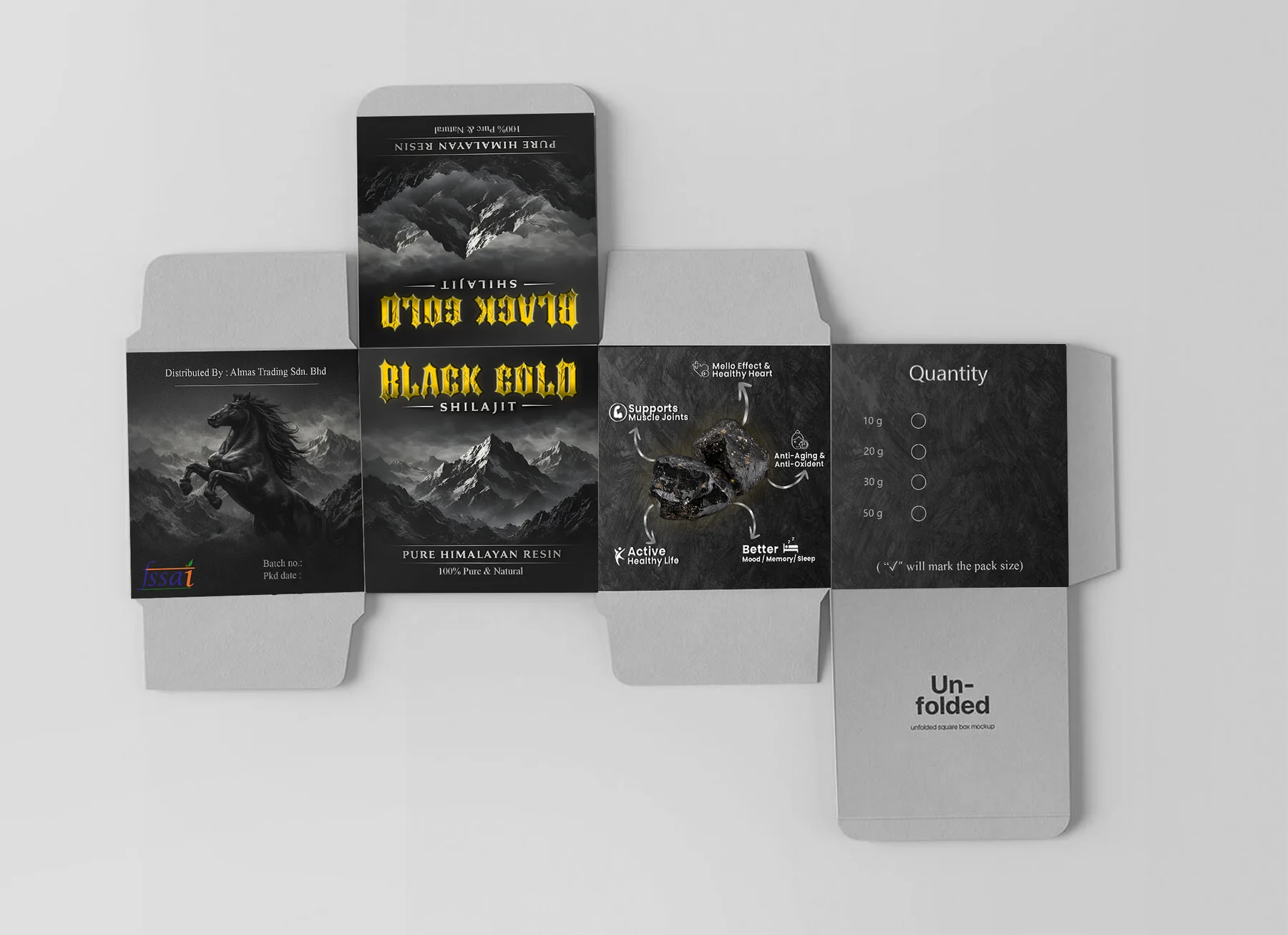 Black Gold Shilajit packaging dieline — unfolded, all panels