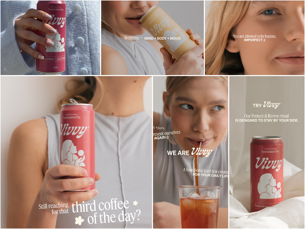 Vivvy Instagram grid — raspberry and honey cans of functional iced tea in a soft lifestyle campaign