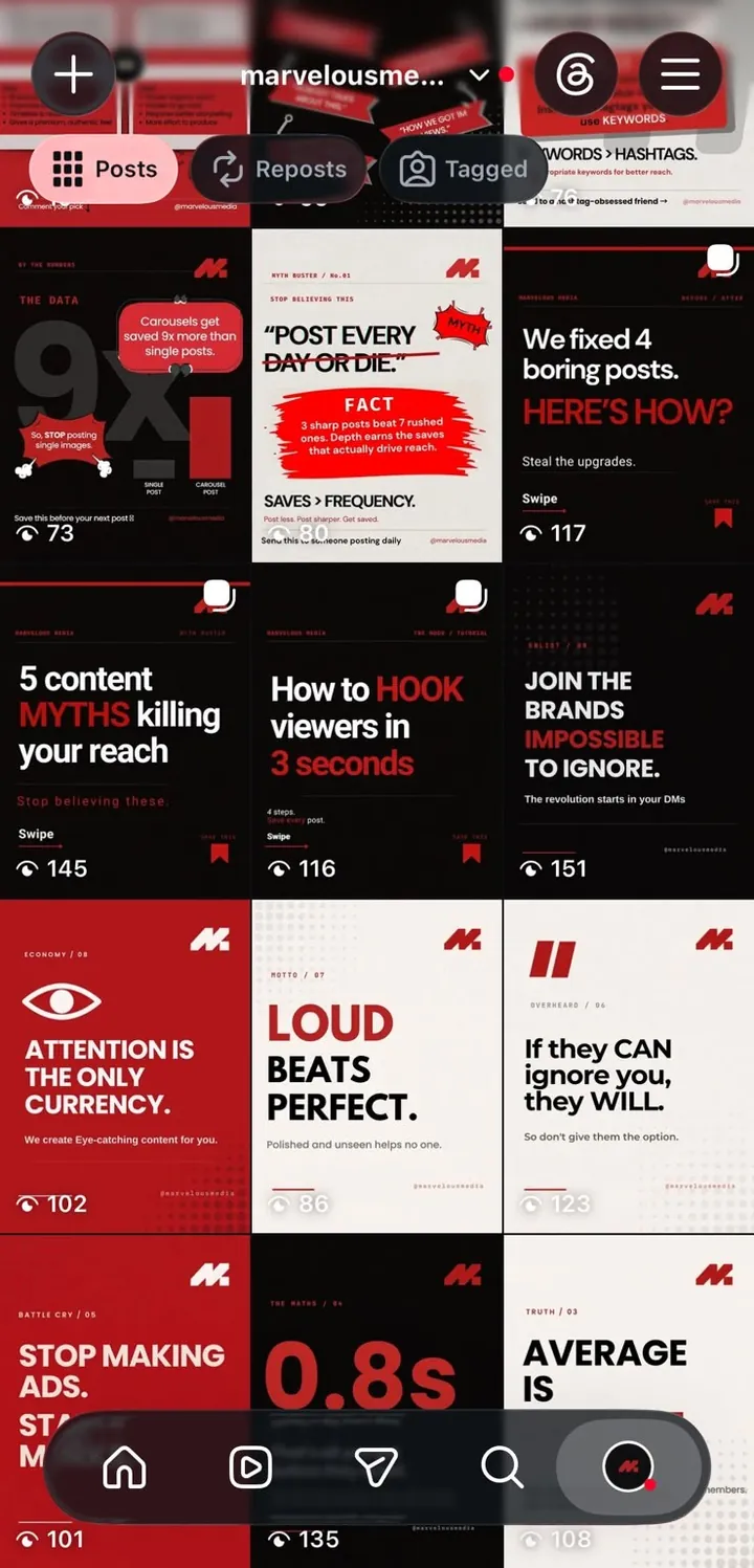 Marvelous Media Instagram feed — our own red and black educational grid